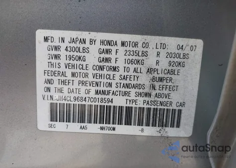 2007 Acura Tsx z USA, uszkodzony, nr VIN JH4CL96847C018594